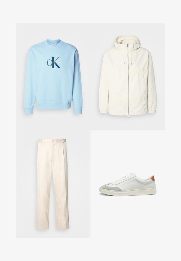 Giacca leggera di colore crema con cappuccio, chiusura frontale con zip, polsini elastici e tasca a marsupio. Tessuto liscio con dettagli di cucitura minimi.; Felpa azzurra in cotone misto, con collo a giro e maniche con polsini a costine. La parte anteriore presenta un grande logo "Calvin Klein" in blu scuro.; Pantaloni in cotone beige con taglio dritto, dotati di chiusura a bottone e pence sul davanti per un tocco di dettaglio in più.; Sneakers bianchi in pelle con accenti in suede grigio e un tallone in pelle beige. Presentano una superficie testurizzata e una suola leggera.