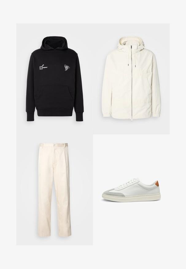 Giacca leggera di colore crema con cappuccio, chiusura frontale con zip, polsini elastici e tasca a marsupio. Tessuto liscio con dettagli di cucitura minimi.; Felpa nera con cappuccio e tasca frontale a marsupio. Presenta testo bianco ed elementi grafici geometrici sul petto. Realizzata in morbido cotone.; Pantaloni in cotone beige con taglio dritto, dotati di chiusura a bottone e pence sul davanti per un tocco di dettaglio in più.; Sneakers bianchi in pelle con accenti in suede grigio e un tallone in pelle beige. Presentano una superficie testurizzata e una suola leggera.