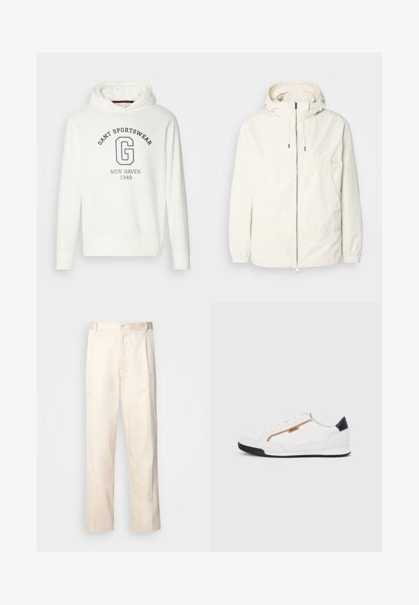 Chaqueta ligera de color crema con capucha, cierre de cremallera en la parte delantera, puños elásticos y un bolsillo tipo canguro. Tejido suave con detalles de costura mínimos.; Sudadera blanca con el texto "GANT SPORTSWEAR" y un gran logo "G" en azul marino, con puños y dobladillo de canalé. Tejido suave.; Pantalones de algodón beige con corte recto, que cuentan con un cierre de botón y pliegues en la parte frontal para un detalle adicional.; Zapatillas deportivas blancas con acentos de malla y cuero. Presentan un logotipo dorado de "BOSS", paneles laterales texturizados y una tapa de talón negra. Suela de goma.