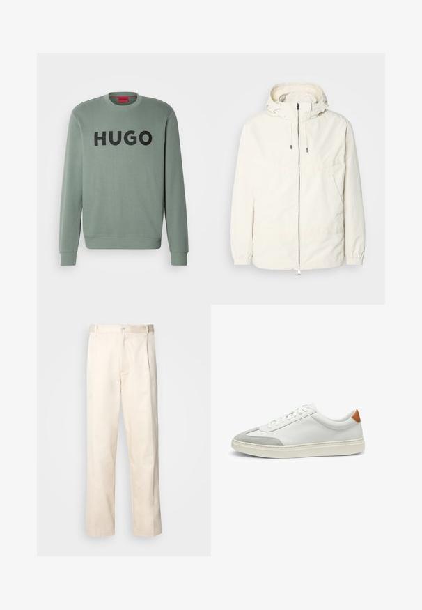 Lightweight, cream-colored jacket with a hood, zip front, elastic cuffs, and a kangaroo pocket. Smooth fabric with minimal stitching details.; Light green sweatshirt made of soft fabric, featuring a round neckline and a prominent black "HUGO" logo across the chest.; Beige cotton trousers with a straight-leg cut, featuring a button closure and pleats at the front for added detail.; White leather sneakers with gray suede accents and a tan leather heel tab. Features a textured surface and lightweight sole.