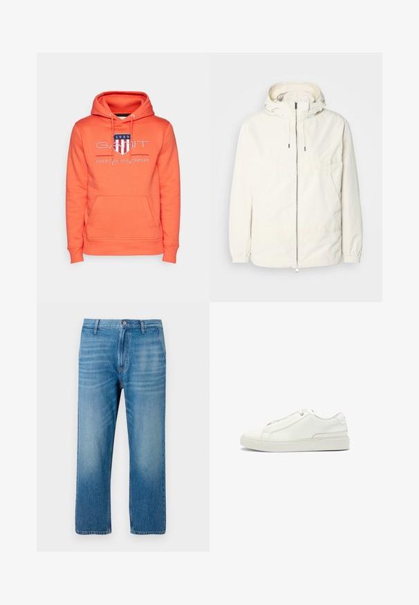 Lichte, crèmekleurige jas met een capuchon, rits aan de voorkant, elastische manchetten en een kangoeroezak. Glad materiaal met minimale stikdetails.; GANT ARCHIVE SHIELD - Hoodie - orange; Lichtblauwe denim jeans met een rechte pasvorm, vijf-pocket ontwerp, knoopsluiting en subtiele vervaging aan de voorkant. Geen zichtbare patronen.; Witte leren sneaker met een gestructureerde bovenkant, een ronde neus, minimalistisch ontwerp en een rubberen zool met gestikte details.