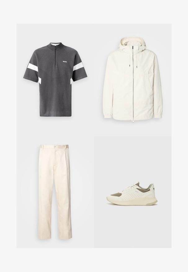 Lightweight, cream-colored jacket with a hood, zip front, elastic cuffs, and a kangaroo pocket. Smooth fabric with minimal stitching details.; Grey sports shirt with short sleeves, zip collar, and white accent stripes. Features a textured pattern on the front with "BOSS" logo.; Beige cotton trousers with a straight-leg cut, featuring a button closure and pleats at the front for added detail.; White and light beige athletic sneaker, featuring a mesh upper, perforated detailing, and a textured midsole with branding on the heel.
