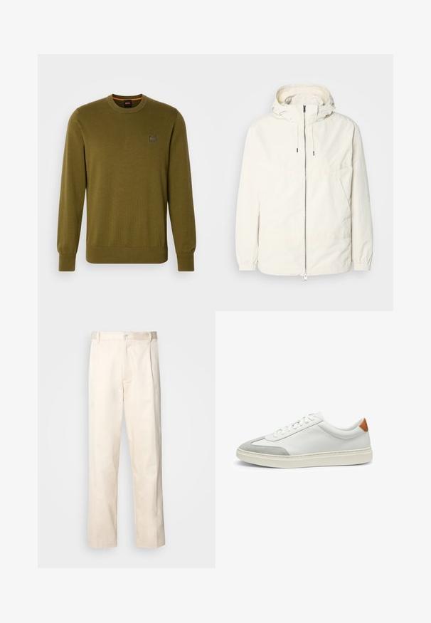 Lightweight, cream-colored jacket with a hood, zip front, elastic cuffs, and a kangaroo pocket. Smooth fabric with minimal stitching details.; Olive green knit sweater with a crew neckline and long sleeves. Features a small logo patch on the chest and ribbed cuffs and hem.; Beige cotton trousers with a straight-leg cut, featuring a button closure and pleats at the front for added detail.; White leather sneakers with gray suede accents and a tan leather heel tab. Features a textured surface and lightweight sole.