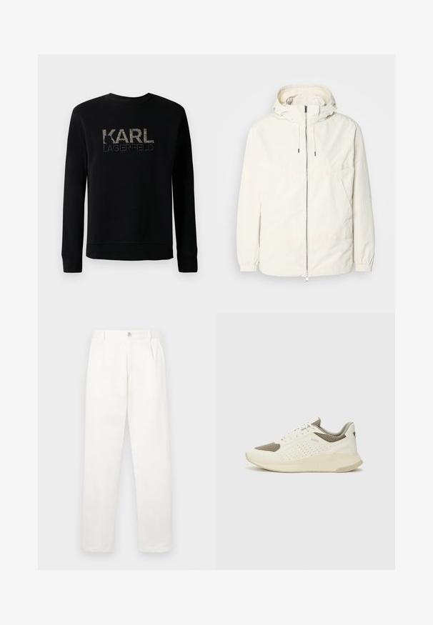 Lightweight, cream-colored jacket with a hood, zip front, elastic cuffs, and a kangaroo pocket. Smooth fabric with minimal stitching details.; Black long-sleeve sweatshirt with textured "KARL LAGERFELD" logo embroidered on the chest, featuring a simple round neckline.; White trousers made from smooth fabric, featuring a straight leg design, front pleats, and a single button closure at the waist.; White and light beige athletic sneaker, featuring a mesh upper, perforated detailing, and a textured midsole with branding on the heel.