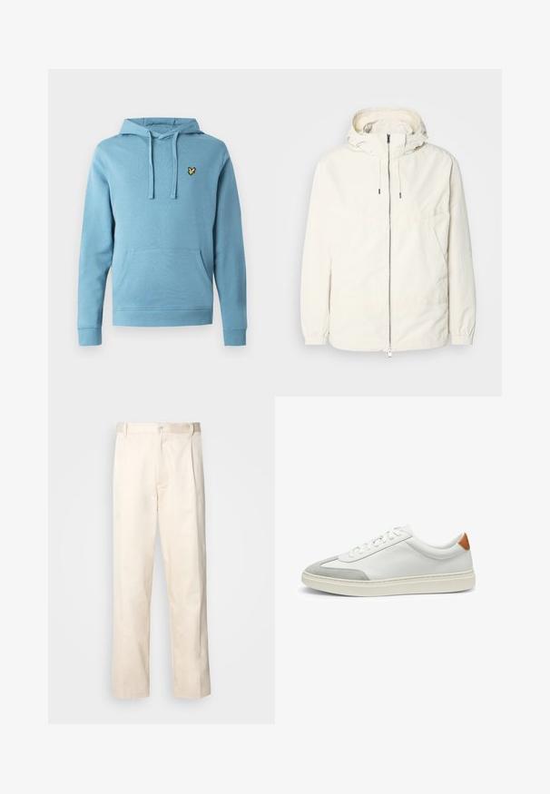 Chaqueta ligera de color crema con capucha, cierre de cremallera en la parte delantera, puños elásticos y un bolsillo tipo canguro. Tejido suave con detalles de costura mínimos.; Sudadera con capucha de color azul claro, hecha de tela suave, con un bolsillo frontal y un pequeño logo bordado en el pecho izquierdo.; Pantalones de algodón beige con corte recto, que cuentan con un cierre de botón y pliegues en la parte frontal para un detalle adicional.; Zapatillas de cuero blanco con acentos de ante gris y un refuerzo de cuero marrón claro en el talón. Presentan una superficie texturizada y una suela ligera.