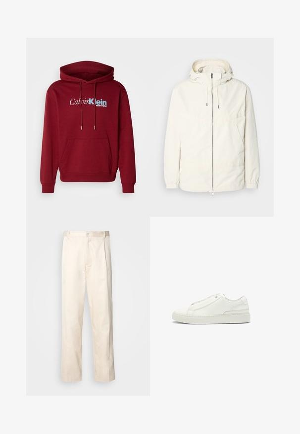 Lightweight, cream-colored jacket with a hood, zip front, elastic cuffs, and a kangaroo pocket. Smooth fabric with minimal stitching details.; Burgundy hooded sweatshirt made of fleece fabric featuring a kangaroo pocket, ribbed cuffs, and “Calvin Klein NEW YORK” logo in white and blue.; Beige cotton trousers with a straight-leg cut, featuring a button closure and pleats at the front for added detail.; White leather sneaker featuring a textured upper, a round toe, minimalistic design, and a rubber sole with stitched detailing.