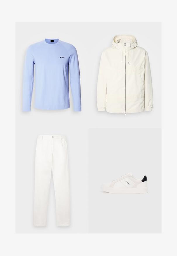 Könnyű, tejszínszínű dzseki kapucnival, cipzáras elülső résszel, rugalmas mandzsettákkal és kenguruzsebbel. Simaszerű anyag minimális varrási részletekkel.; Világoskék, hosszú ujjú pulóver, puha anyagból, kerek nyakkal, bordázott mandzsettákkal és egy kis fekete "BOSS" logóval a mellkasán.; Fehér nadrág sima anyagból, egyenes lábbal, elülső pliszékkal és egy gombos záródással a derékon.; Fehér sportcipők világos rózsaszín és fekete részletekkel, sima bőrből és velúrból készült panelek, kerek orr és lapos gumitalp.
