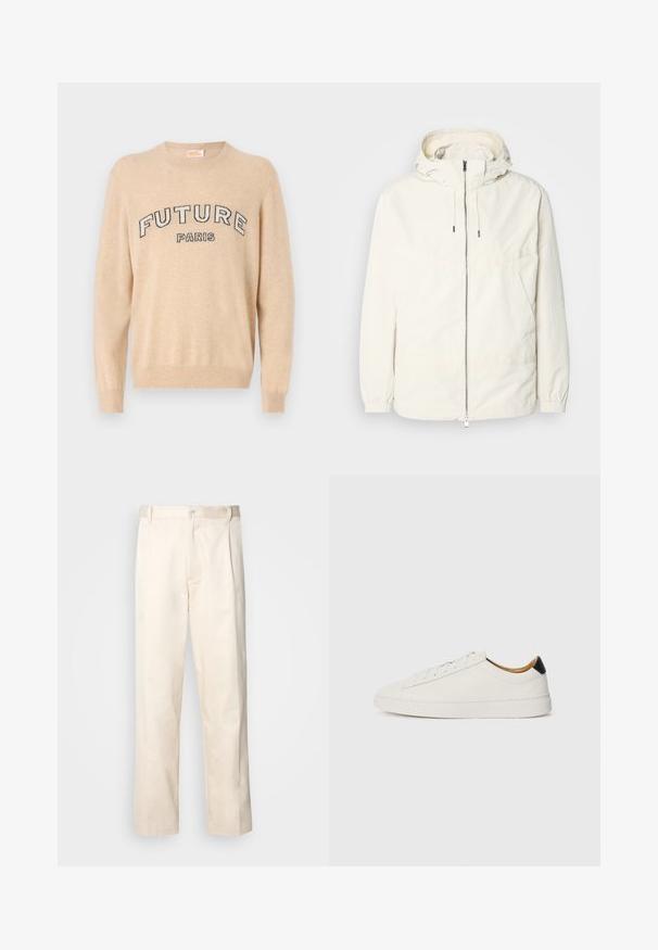 Lahka, svetločrna jakna s kapuco, z zadrgo spredaj, elastičnimi manšetami in kenguru žepom. Gladka tkanina z minimalnimi šivi.; Bežna puli, izdelana iz mehkega materiala, z okroglim izrezom, dolgimi rokavi in temnim napisom "FUTURE PARIS" na prsih.; Bež cottone hlače s ravnim krojem, ki imajo gumbasto zapiranje in nabore spredaj za dodatne detajle.; Bela tenisa s gladkim usnjem, okroglo konico in ravnim podplatom. Črn poudarek na peti, s toniranim vezalkami in minimalnim označevanjem.
