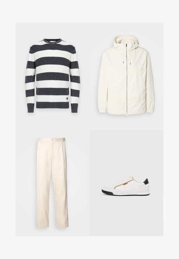 Könnyű, tejszínszínű dzseki kapucnival, cipzáras elülső résszel, rugalmas mandzsettákkal és kenguruzsebbel. Simaszerű anyag minimális varrási részletekkel.; Csíkos pulóver vastag tengerészkék és fehér vízszintes csíkokkal; bordázott textúra; kerek nyakkivágás; kis háromszög alakú dísz a szegélyen.; Beige pamut nadrág egyenes szárú kivágással, gombos záródással és elülső redőkkel a részletek fokozása érdekében.; Fehér sportcipők, hálós és bőr díszítésekkel. Kiemelkedő arany "BOSS" logó, textúrázott oldalpanelekkel és fekete sarokkal. Gumi talp.