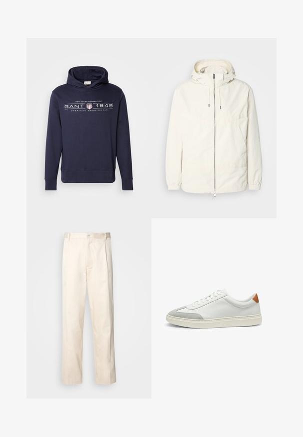 Giacca leggera di colore crema con cappuccio, chiusura frontale con zip, polsini elastici e tasca a marsupio. Tessuto liscio con dettagli di cucitura minimi.; Felpa navy in tessuto misto cotone, con tasca a marsupio, polsini a costine e una grafica frontale con testi e accenti di logo.; Pantaloni in cotone beige con taglio dritto, dotati di chiusura a bottone e pence sul davanti per un tocco di dettaglio in più.; Sneakers bianchi in pelle con accenti in suede grigio e un tallone in pelle beige. Presentano una superficie testurizzata e una suola leggera.