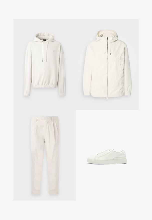 Giacca leggera di colore crema con cappuccio, chiusura frontale con zip, polsini elastici e tasca a marsupio. Tessuto liscio con dettagli di cucitura minimi.; Felpa color beige chiaro realizzata in tessuto morbido, con cappuccio regolabile, polsini elasticizzati e orlo aderente. Piccolo dettaglio del logo sul petto.; Pantaloni bianchi plissettati con taglio su misura, caratterizzati da una texture liscia, passanti per la cintura e gambe affusolate. Nessuna tasca o motivo visibile.; Sneaker bianca in pelle con tomaia testurizzata, punta tonda, design minimalista e suola in gomma con dettagli cuciti.