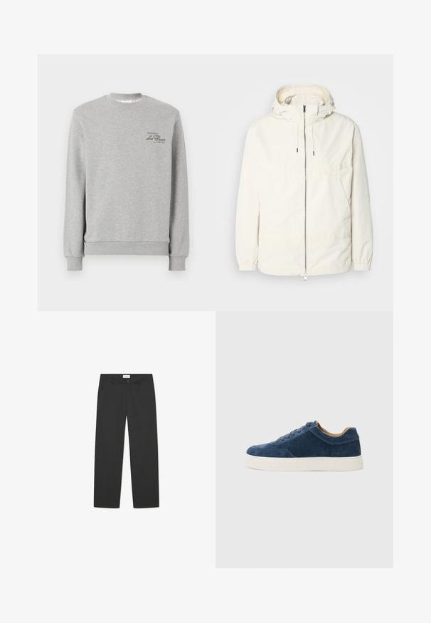Lichte, crèmekleurige jas met een capuchon, rits aan de voorkant, elastische manchetten en een kangoeroezak. Glad materiaal met minimale stikdetails.; Grijze sweatshirt van een zachte katoenmix, met een ronde hals, ribgebreide manchetten en een klein donkergroen logo op de borst.; Zwarte broek van lichtgewicht stof. Heeft een rechte pijpdesign met een vlakke voorkant, zijzakken en een discreet tailleband.; Blauwe suède sneaker met witte rubberen zool, vetersluiting, ronde neus en contrasterend tan interieur. Subtiele stiksels.