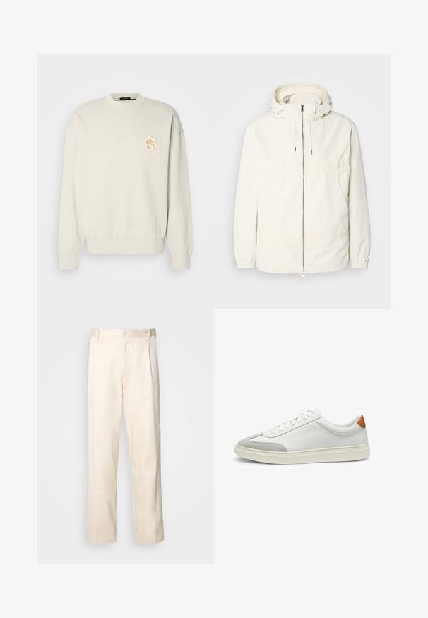 Giacca leggera di colore crema con cappuccio, chiusura frontale con zip, polsini elastici e tasca a marsupio. Tessuto liscio con dettagli di cucitura minimi.; Felpa crema con scollatura rotonda e spalle scese. Presenta un logo beige testurizzato sul petto sinistro e polsini a costine.; Pantaloni in cotone beige con taglio dritto, dotati di chiusura a bottone e pence sul davanti per un tocco di dettaglio in più.; Sneakers bianchi in pelle con accenti in suede grigio e un tallone in pelle beige. Presentano una superficie testurizzata e una suola leggera.