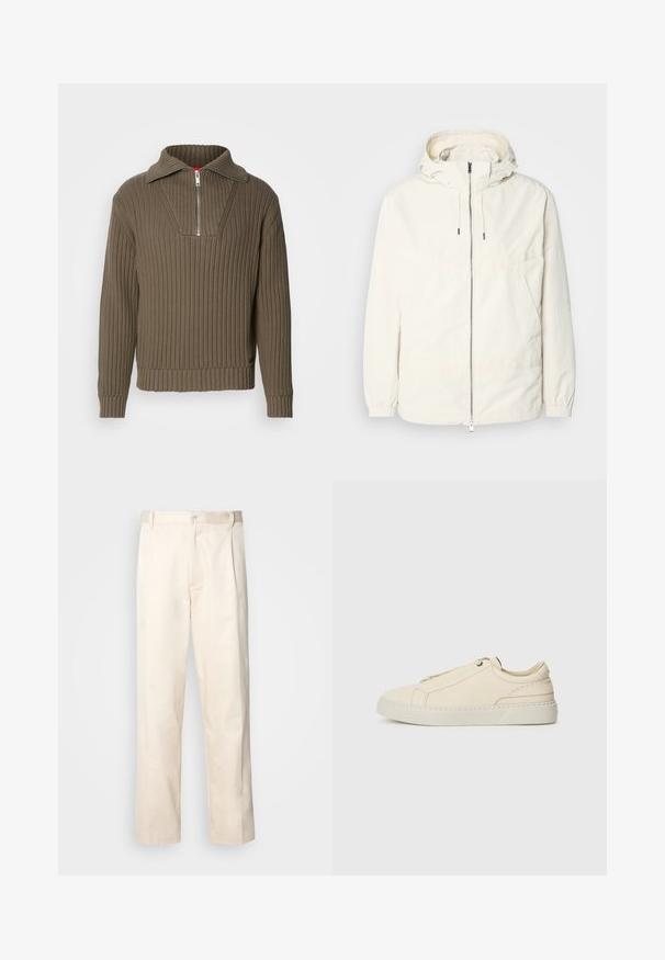 Könnyű, tejszínszínű dzseki kapucnival, cipzáras elülső résszel, rugalmas mandzsettákkal és kenguruzsebbel. Simaszerű anyag minimális varrási részletekkel.; Barna bordás pulóver fél cipzárral és széles gallérral. Texturált szövetből készült, enyhén cropped aljjal. Egyszerű design.; Beige pamut nadrág egyenes szárú kivágással, gombos záródással és elülső redőkkel a részletek fokozása érdekében.; Beige bőr sneaker, lekerekített orral, minimalista dizájnal, finom varrási részletekkel és texturált felsőrésszel, világos talpon.