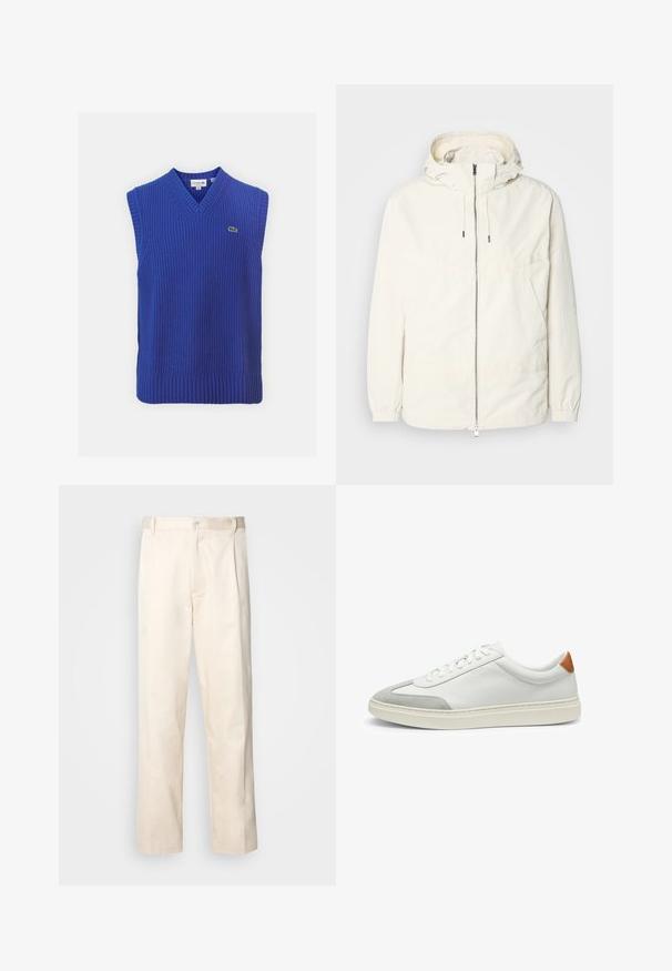 Giacca leggera di colore crema con cappuccio, chiusura frontale con zip, polsini elastici e tasca a marsupio. Tessuto liscio con dettagli di cucitura minimi.; Gilet senza maniche di colore blu lavorato a maglia con scollatura a V. Presenta una texture a coste e un piccolo logo verde Lacoste sul petto.; Pantaloni in cotone beige con taglio dritto, dotati di chiusura a bottone e pence sul davanti per un tocco di dettaglio in più.; Sneakers bianchi in pelle con accenti in suede grigio e un tallone in pelle beige. Presentano una superficie testurizzata e una suola leggera.
