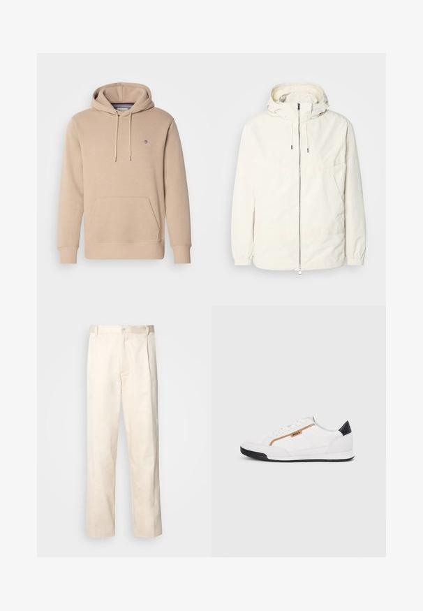 Veste légère de couleur crème avec capuche, fermeture éclair sur le devant, poignets élastiques et poche kangourou. Tissu lisse avec des détails de couture minimaux.; Hoodie beige en tissu doux, doté d'une poche frontale, d'un cordon de serrage ajustable et d'un logo brodé sur la poitrine.; Pantalon en coton beige avec une coupe droite, présentant une fermeture à bouton et des plis sur le devant pour plus de détails.; Baskets blanches avec des accents en maille et en cuir. Caractéristiques d'un logo "BOSS" doré, de panneaux latéraux texturés et d'un capuchon de talon noir. Semelle en caoutchouc.