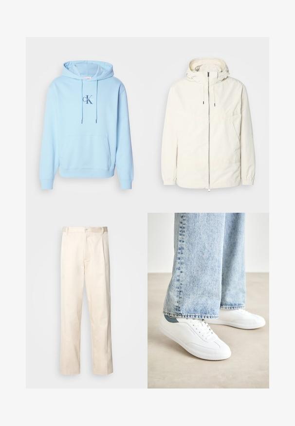 Jachetă ușoară, de culoare crem, cu glugă, fermoar în față, manșete elastice și buzunar tip kangaroo. Material neted cu detalii de cusătură minime.; Hanorac cu caperă de culoare albastră deschisă, confecționat dintr-un amestec moale de bumbac, având un buzunar tip cangur în față și un logo imprimat Calvin Klein pe piept.; Pantaloni din bumbac bej, cu croială dreaptă, dotati cu închidere cu nasture și pliuri în față pentru un plus de detaliu.; Adidași albi din material neted, cu un design cu șireturi, talpă din cauciuc texturat și un accent verde la călcâi, asortați cu blugi bleu deschis.