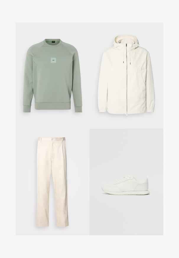 Lengvas, kreminės spalvos švarkas su kapišonu, užtrauktuku priekyje, elastingomis rankovėmis ir kengūros kišene. Lygus audinys su minimaliais siūlių detalėmis.; Šviesiai žalia pūkuota sportinė maikė, pagaminta iš minkštos medžiagos, su apvalia apykakle, raglan rankovėmis ir mažuoju kvadratiniu logotipu ant krūtinės.; Bežinės medvilninės kelnės su tiesiu kirpimu, turinčios mygtuko uždarymą ir priekyje raukšles papildomai dekoratyviam akcentui.; Balti sportbačiai su tinkline ir sintetine viršutine dalimi, apvaliu nosiu, plokščiomis raištelėmis ir tekstūruota šonine juosta. Guma, kurios padas su vilkimo kilpute gale.