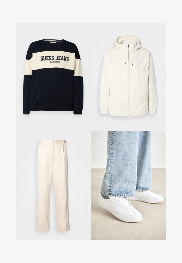 Kerge, kreemivärvi jakk, kapuutsiga, lukuga ees, elastsete mansettide ja känguru taskuga. Sile kangas minimaalsete õmblusdetailidega.; Tumesinine sviiter beeži horisontaalse triibuga, millel on "GUESS JEANS" tekst ja detail "SINCE 1981". Valmistatud pehmest puuvillast materjalist.; Beesidised puuvillased püksid sirge jala lõikega, mis on varustatud nööpkinnituse ja ees olevate voltidega, et lisada detaili.; Valged spordijalatsid sileda materjaliga, nööridega mudel, tekstuurne kummitald ja türkiissinine aksent kandadel, koos heledate siniste teksadega.