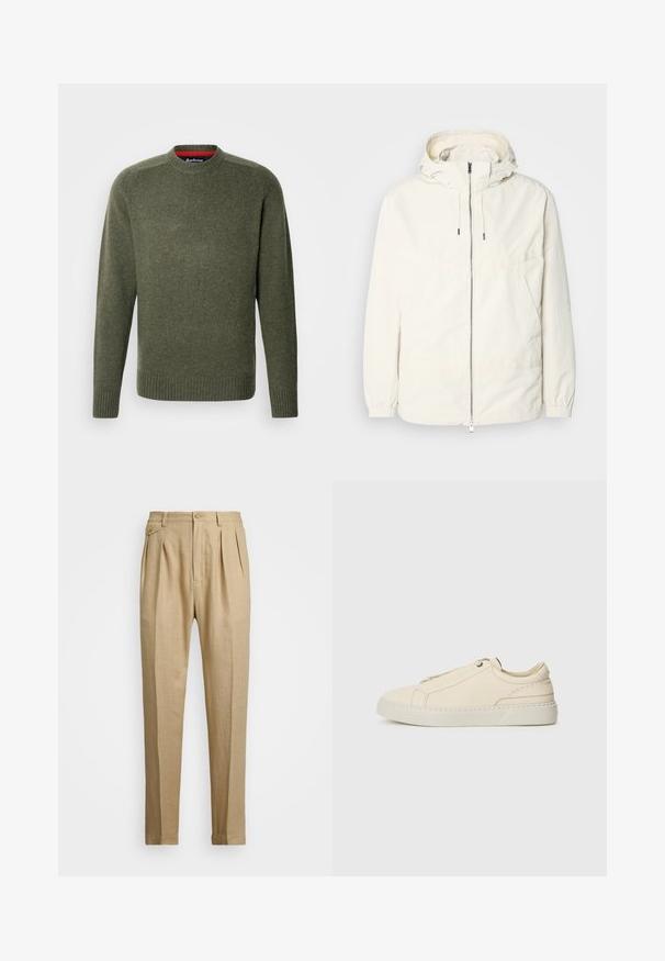 Leichte, cremefarbene Jacke mit Kapuze, Reißverschluss vorne, elastischen Bündchen und einer Kängurutasche. Glattes Gewebe mit minimalen Nähdetails.; Grüner Strickpullover mit Rundhalsausschnitt und gerippten Bündchen, der eine subtile Textur und Bestickung nahe dem Ausschnitt aufweist.; Beige Leinenhose mit geradem Schnitt, ausgestattet mit zwei vorderen Falten, einem Knopfverschluss und seitlichen Taschen. Strukturierter Stoff mit glatter Oberfläche.; Beige Leder Sneaker mit runder Zehenpartie, minimalistischem Design, subtilen Nähten und strukturiertem Obermaterial auf einer hellen Sohle.