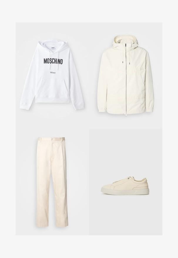 Gaisas, krēmkrāsas jaka ar kapuci, ar rāvējslēdzēju priekšpusē, elastīgām aprocēm un kangaroo kabatu. Gluda auduma virsma ar minimālām šuvju detaļām.; Balts kapucis, kas aprīkots ar kangoru kabatu, regulējamu auklu un izteiksmīgu melnu "MOSCHINO" un "Milano" tekstu uz priekšpuses.; Bežā krāsā auduma bikses ar taisnu kāju griezumu, pievienotām pogu aizdares un priekšējiem krokām papildu detaļām.; Bežīga ādas kedas ar noapaļotu purngalu, minimālistisku dizainu, smalkiem stīgām un teksturētu virsmu uz gaišas zoles.
