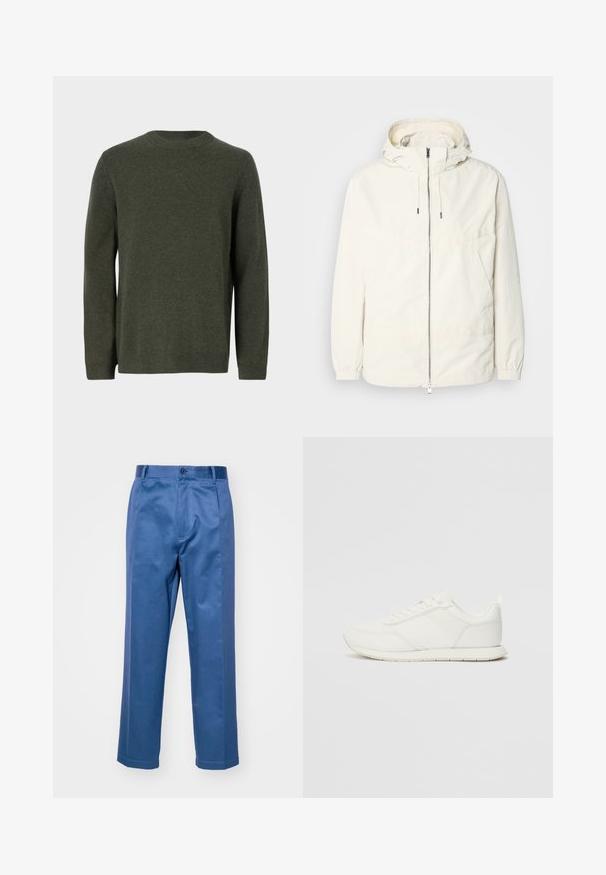 Lichte, crèmekleurige jas met een capuchon, rits aan de voorkant, elastische manchetten en een kangoeroezak. Glad materiaal met minimale stikdetails.; Donkergroen gebreid sweater met een ronde halslijn, lange mouwen en ribgebreide boorden en zoom. Glad textuur met een effen patroon over de hele stof.; Blauwe broek van een gladde stof, met een recht model, een knoopsluiting en subtiele stiksels.; Witte sneaker met een bovenwerk van mesh en synthetisch materiaal, ronde neus, platte veters en een getextureerde zijstrip. Rubberen zool met een lusje aan de achterkant.