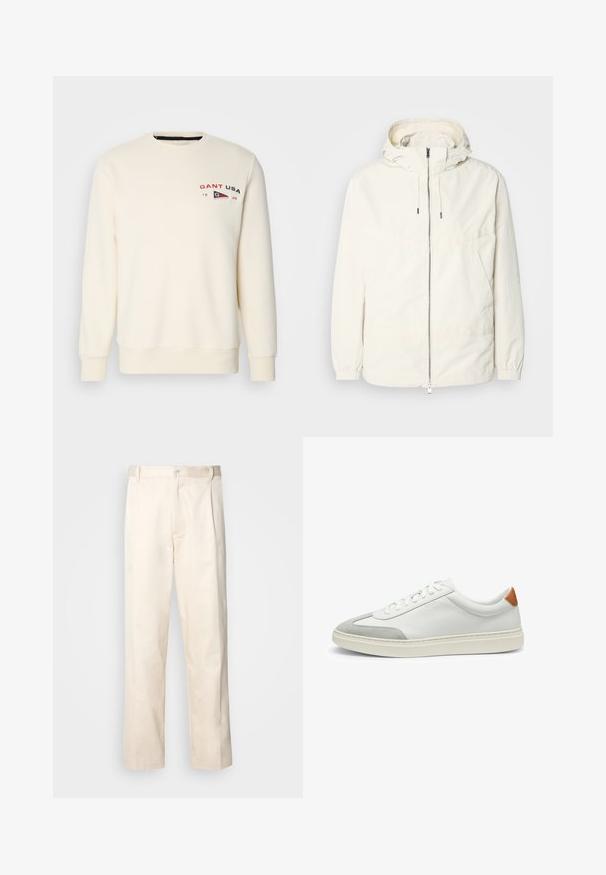 Giacca leggera di colore crema con cappuccio, chiusura frontale con zip, polsini elastici e tasca a marsupio. Tessuto liscio con dettagli di cucitura minimi.; GANT GRAPHIC C NECK - Felpa - cream; Pantaloni in cotone beige con taglio dritto, dotati di chiusura a bottone e pence sul davanti per un tocco di dettaglio in più.; Sneakers bianchi in pelle con accenti in suede grigio e un tallone in pelle beige. Presentano una superficie testurizzata e una suola leggera.