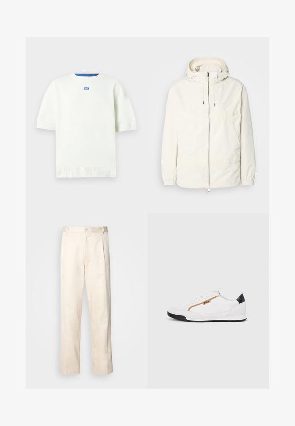Chaqueta ligera de color crema con capucha, cierre de cremallera en la parte delantera, puños elásticos y un bolsillo tipo canguro. Tejido suave con detalles de costura mínimos.; Suéter blanco de manga corta hecho de tela de punto que presenta un cuello y dobladillo acanalados. Un pequeño logo azul está centrado en la parte delantera.; Pantalones de algodón beige con corte recto, que cuentan con un cierre de botón y pliegues en la parte frontal para un detalle adicional.; Zapatillas deportivas blancas con acentos de malla y cuero. Presentan un logotipo dorado de "BOSS", paneles laterales texturizados y una tapa de talón negra. Suela de goma.
