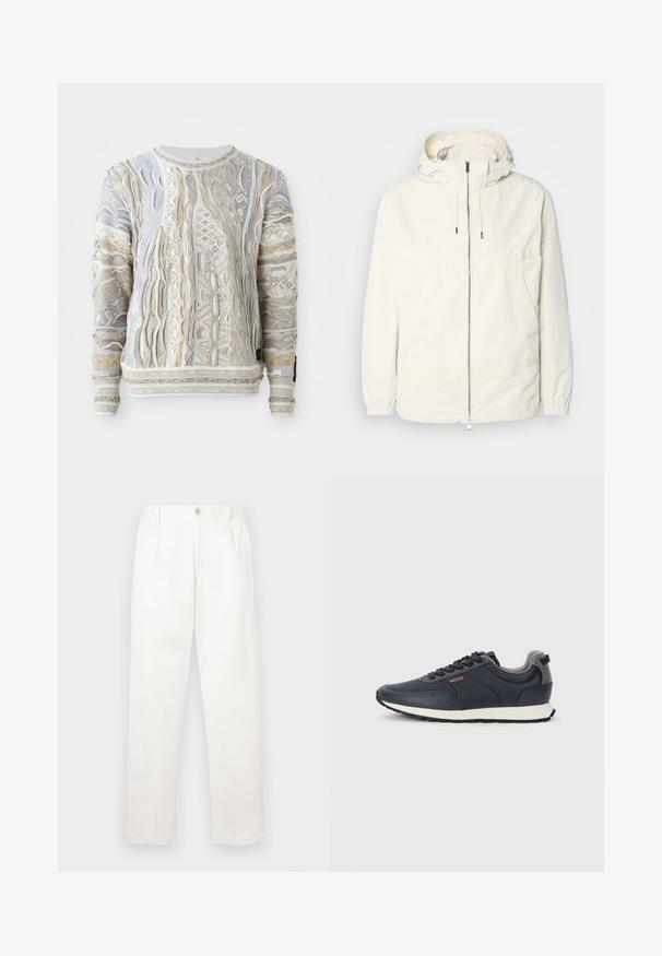 Kerge, kreemivärvi jakk, kapuutsiga, lukuga ees, elastsete mansettide ja känguru taskuga. Sile kangas minimaalsete õmblusdetailidega.; Kudum, millel on keerukad kudumistooted beežis, valges ja helesinises värvitoonis. Tekstureeritud viimistlus ribakraega ja -äärega, ümmargune kaeluse disain.; Valged püksid, mis on valmistatud siledast kangast, sirge jala disainiga, ees olevate voldidega ja ühekordse nupuga vöökohtadel.; Tumedased spordijalatsid siledast sünteetilisest materjalist, ümarate varvastega, hallide aktsentidega, nöödiga sulgemisega ning valge vahevaibaga, millel on tekstuuriga must välistald.