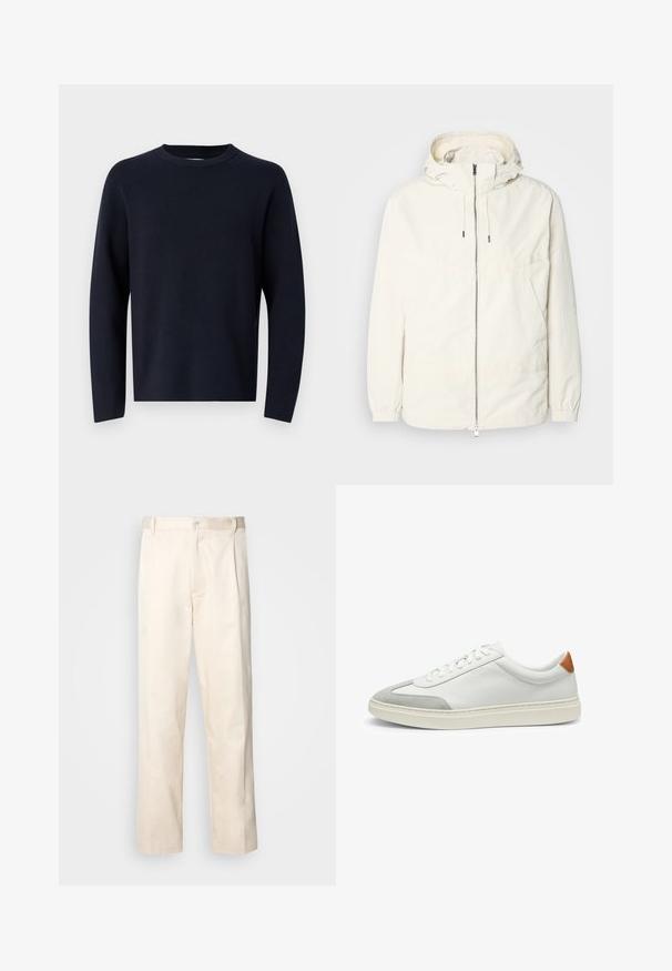 Lightweight, cream-colored jacket with a hood, zip front, elastic cuffs, and a kangaroo pocket. Smooth fabric with minimal stitching details.; Navy blue sweater, crew neck, long sleeves, made of soft fabric with a smooth texture. Simple design, no visible patterns or hardware.; Beige cotton trousers with a straight-leg cut, featuring a button closure and pleats at the front for added detail.; White leather sneakers with gray suede accents and a tan leather heel tab. Features a textured surface and lightweight sole.