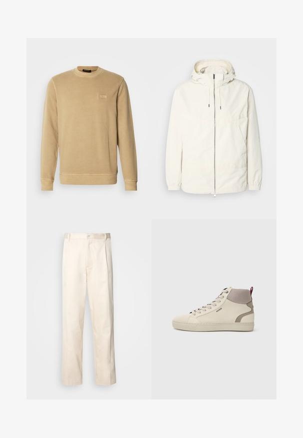 Lehká, krémově zbarvená bunda s kapucí, zipem vpředu, elastickými manžetami a klokaní kapsou. Hladká látka s minimem švových detailů.; Béžová mikina s kulatým výstřihem vyrobená z měkkého materiálu, s ribovanými manžetami a lemem, s malou, tonální štítkovou značkou na hrudi.; Bežové bavlněné kalhoty se střihy rovného nohavice, s knoflíkovým zapínáním a záhyby vpředu pro zvýraznění detailu.; Beige vysoké tenisky s krémovým síťovaným límcem, polstrovaným patním tabem, šněrováním vpředu a logem "HUGO" na boku.