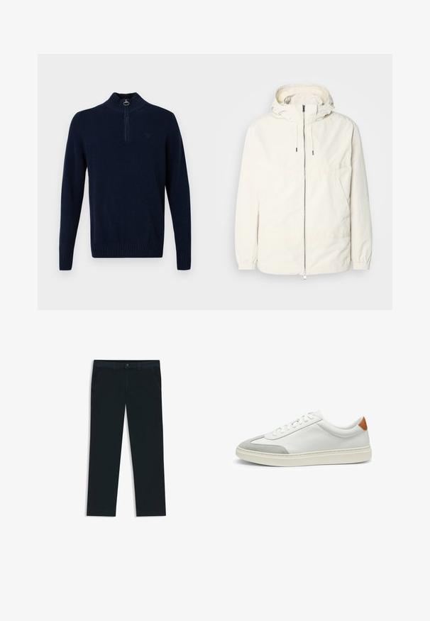 Leichte, cremefarbene Jacke mit Kapuze, Reißverschluss vorne, elastischen Bündchen und einer Kängurutasche. Glattes Gewebe mit minimalen Nähdetails.; Dunkelblaues langärmeliges Strickpullover mit geripptem Kragen, Bündchen und Saum, ausgestattet mit einem kurzen Reißverschluss an der Vorderseite mit einem runden Ziehband.; Dunkelblaue Chinos aus einer Baumwollmischung. Merkmale sind Gürtelschlaufen, Vordertaschen und ein Reißverschluss mit Knopfverschluss.; Weiße Leder-Sneaker mit grauen Wildlederakzenten und einer sandfarbenen Lederfersenschlaufe. Sie verfügen über eine strukturierte Oberfläche und eine leichte Sohle.