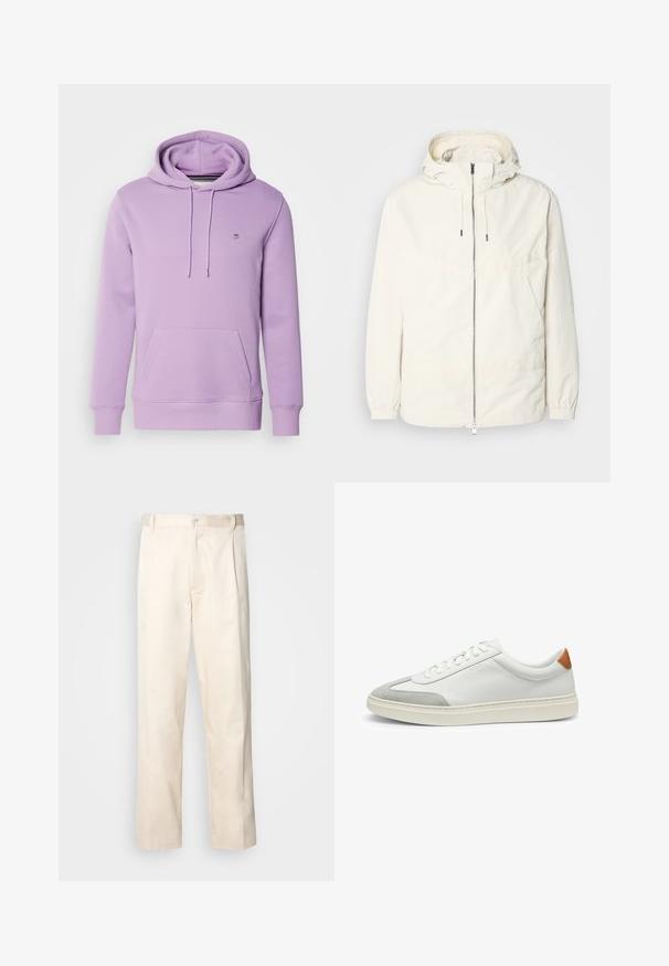 Lightweight, cream-colored jacket with a hood, zip front, elastic cuffs, and a kangaroo pocket. Smooth fabric with minimal stitching details.; GANT SHIELD HOODIE - Hoodie - orchid lilac; Beige cotton trousers with a straight-leg cut, featuring a button closure and pleats at the front for added detail.; White leather sneakers with gray suede accents and a tan leather heel tab. Features a textured surface and lightweight sole.