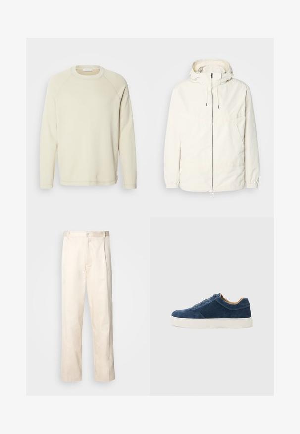 Lekka, kremowa kurtka z kapturem, zapinana na zamek, z elastycznymi mankietami i kieszenią typu kangur. Gładki materiał z minimalnymi detalami szwów.; Jasno beżowy długi rękaw bluza z ribbed teksturą, okrągłym dekoltem i rękawami raglanowymi. Subtelny detal w postaci stężeń wzdłuż szwów.; Beżowe bawełniane spodnie o prostym kroju nogawki, z zapięciem na guziki i plisami z przodu dla dodatkowego zdobienia.; Niebieskie zamszowe sneakersy z białą gumową podeszwą, sznurowana konstrukcja, zaokrąglony nosek i kontrastowe, brązowe wnętrze. Subtelne detale w przeszyciach.