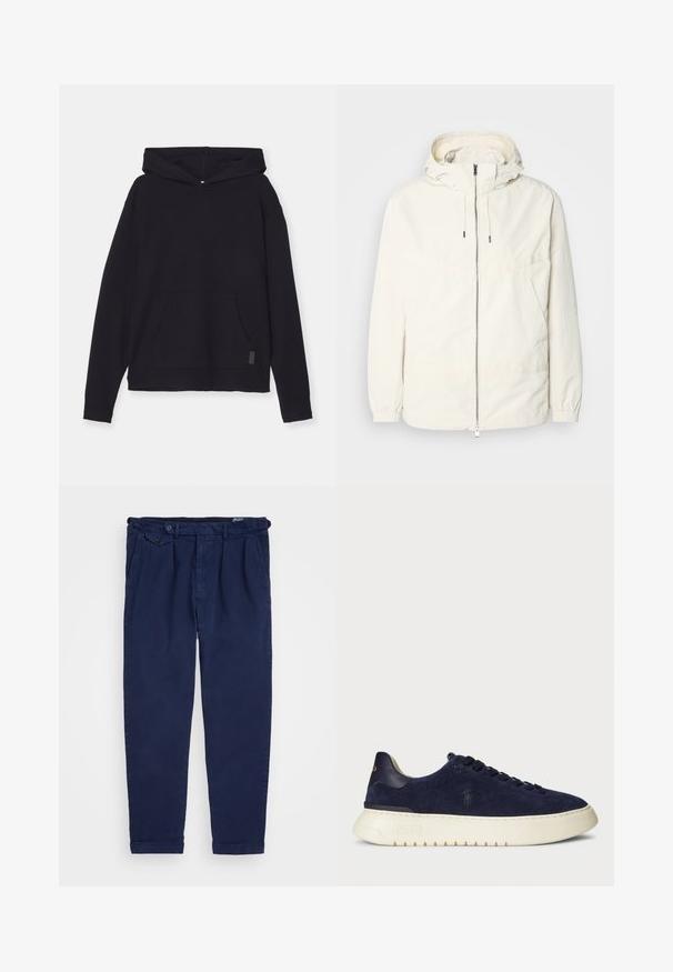 Jachetă ușoară, de culoare crem, cu glugă, fermoar în față, manșete elastice și buzunar tip kangaroo. Material neted cu detalii de cusătură minime.; Hanorac negru cu glugă, realizat dintr-un material moale. Are un buzunar frontal, umeri căzuți și mansete ribbat. Design simplu și casual.; Chino navy din bumbac, cu un croi drept, pliuri frontale, închidere cu nasture și manșete rulate. Textură netedă cu un design minimal.; Sneakeruri cu talpă joasă din suede bleumarin, cu o suprafață texturată, talpă din cauciuc și șireturi tonale, având un mic logo pe lateral și pe toc.