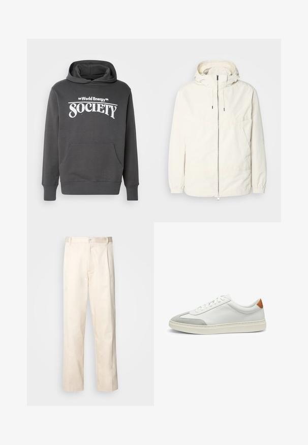 Lightweight, cream-colored jacket with a hood, zip front, elastic cuffs, and a kangaroo pocket. Smooth fabric with minimal stitching details.; Gray hoodie made of soft material featuring a front pocket, ribbed cuffs, and "World Energy Society" printed in white text on the chest.; Beige cotton trousers with a straight-leg cut, featuring a button closure and pleats at the front for added detail.; White leather sneakers with gray suede accents and a tan leather heel tab. Features a textured surface and lightweight sole.