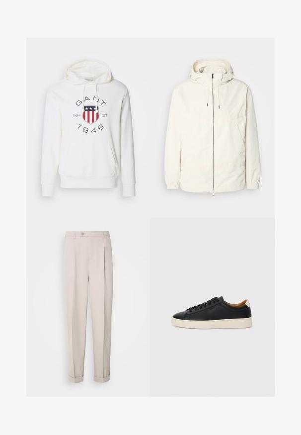 Chaqueta ligera de color crema con capucha, cierre de cremallera en la parte delantera, puños elásticos y un bolsillo tipo canguro. Tejido suave con detalles de costura mínimos.; Sudadera blanca hecha de un tejido suave, con un bolsillo frontal, capucha con cordón y un emblema impreso con acentos rojos y azules.; Pantalones beige de tela suave, con corte recto, pliegue sencillo y puños enrollados. Incluyen un cierre frontal con botones.; Zapatillas negras de cuero con una textura suave, suela de goma beige, diseño de cordones y un acento en el talón de color contrastante.