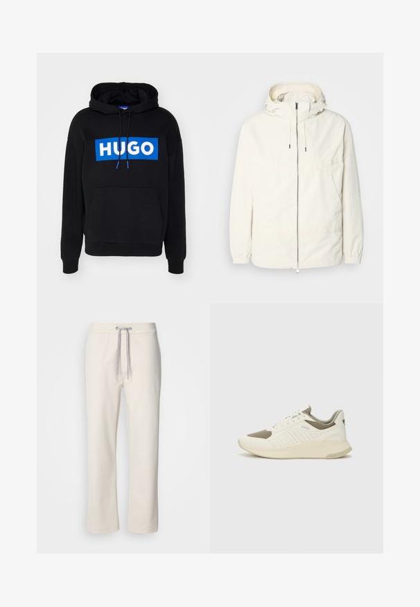 Ľahká, krémová bunda s kapucňou, zipsom vpredu, elastickými manžetami a klokannou vreckom. Hladká tkanina s minimálnymi stehovými detailmi.; Čierna mikina s kapucňou s modrým obdĺžnikovým logom, na ktorom je napísané "HUGO" bielym písmom, nastaviteľnými šnúrkami a predným vreckom. Mäkká látka, voľný strih.; Krémové voľné nohavice s elastickým pásom a rovným strihom, vystavené na jednoduchom bielom pozadí.; Biele a svetlo béžové športové tenisky s hornou časťou z mriežkového materiálu, perforovanými detailmi a textúrovanou medzipodrážkou s logom na päte.