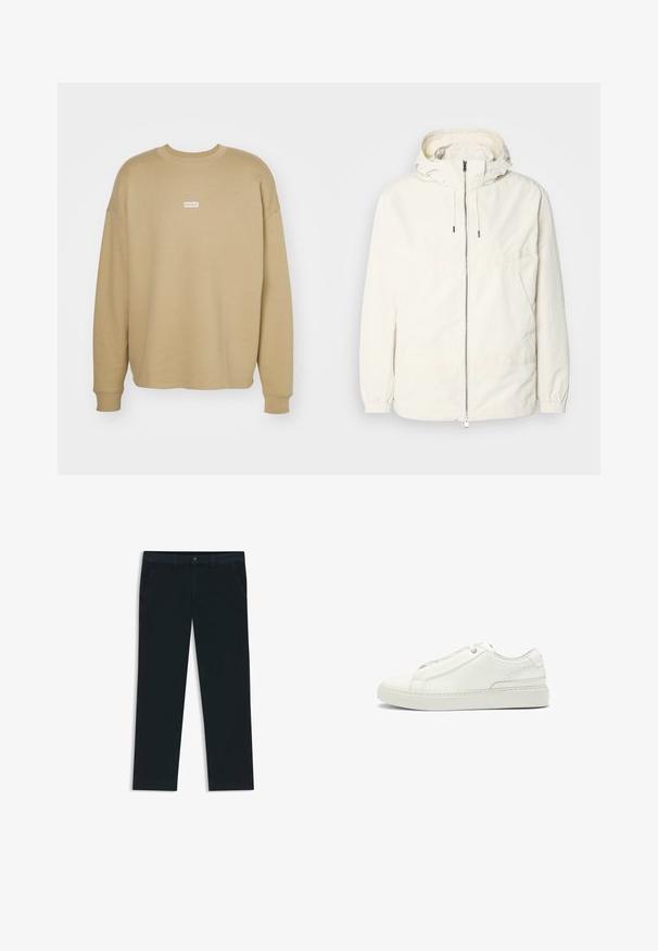 Lightweight, cream-colored jacket with a hood, zip front, elastic cuffs, and a kangaroo pocket. Smooth fabric with minimal stitching details.; HUGO NAVIU - Sweatshirt - medium beige; Dark navy chinos made from cotton blend fabric. Features belt loops, front pockets, and a zipper fly with button closure.; White leather sneaker featuring a textured upper, a round toe, minimalistic design, and a rubber sole with stitched detailing.
