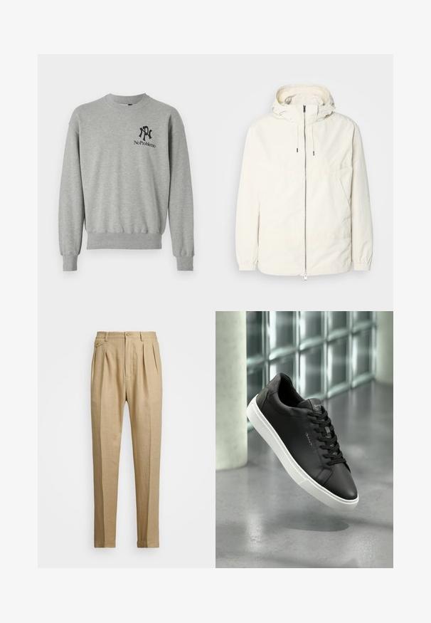 Lichte, crèmekleurige jas met een capuchon, rits aan de voorkant, elastische manchetten en een kangoeroezak. Glad materiaal met minimale stikdetails.; Grijze sweatshirt met een ronde hals, ribgebreide manchetten en onderrand. Heeft zwarte graphics: een "R" en "No Problemo" op de linkerkant van de borst.; Beige linnen broek met een rechte snit, voorzien van twee voorplooien, een knoopsluiting en zijzakken. Gestructureerde stof met een gladde afwerking.; Zwarte leren sneaker met een witte rubberen zool, ronde neus en veters. Kenmerkt zich door een gladde textuur en subtiele branding op de tong.