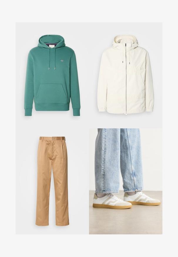 Ľahká, krémová bunda s kapucňou, zipsom vpredu, elastickými manžetami a klokannou vreckom. Hladká tkanina s minimálnymi stehovými detailmi.; GANT REG SHIELD - Mikina s kapucňou - green; Khaki nohavice, z bavlneného zmesi, priamy strih, predné záhyby, pútka na opasok a gombíkový uzáver. Hladká textúra bez vzoru.; Biele tenisky s béžovými semišovými akcentmi a svetlými gumovými podrážkami; majú nízky dizajn a štruktúrované detaily na vrchnej časti.