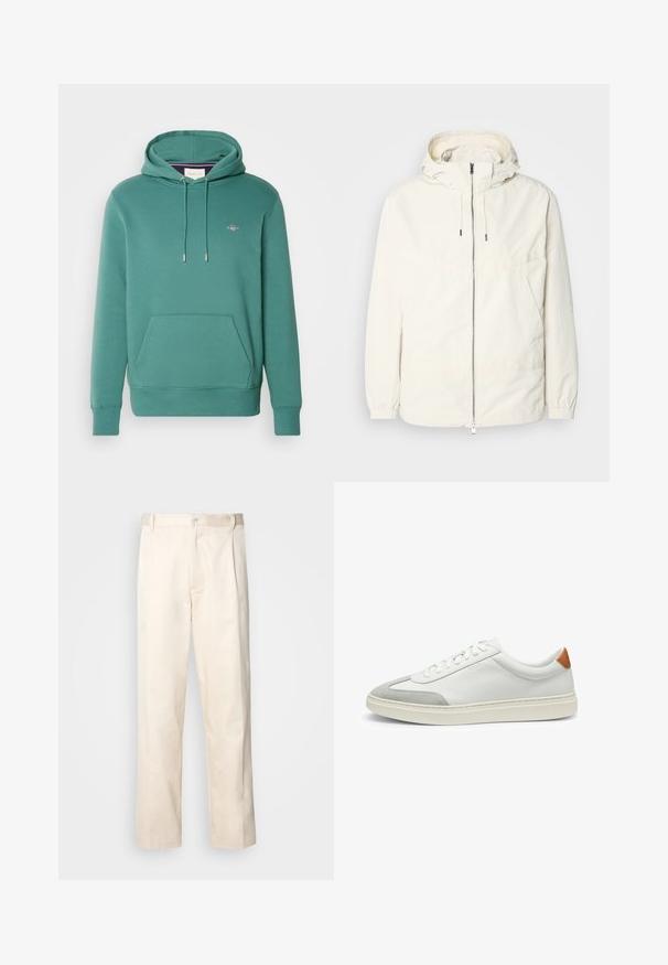 Lightweight, cream-colored jacket with a hood, zip front, elastic cuffs, and a kangaroo pocket. Smooth fabric with minimal stitching details.; GANT SHIELD HOODIE - Sweatshirt - green; Beige cotton trousers with a straight-leg cut, featuring a button closure and pleats at the front for added detail.; White leather sneakers with gray suede accents and a tan leather heel tab. Features a textured surface and lightweight sole.