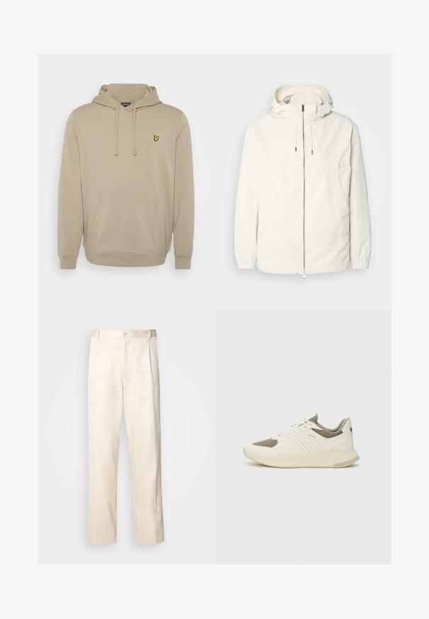 Gaisas, krēmkrāsas jaka ar kapuci, ar rāvējslēdzēju priekšpusē, elastīgām aprocēm un kangaroo kabatu. Gluda auduma virsma ar minimālām šuvju detaļām.; Lyle & Scott Džemperis ar kapuci - sage; Bežā krāsā auduma bikses ar taisnu kāju griezumu, pievienotām pogu aizdares un priekšējiem krokām papildu detaļām.; Baltas un gaiši bež sporta apavi, ar sieta augšdaļu, perforētiem detaļām un teksturētu vidusdaļu ar zīmolu uz papēža.