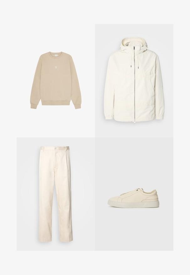 Kerge, kreemivärvi jakk, kapuutsiga, lukuga ees, elastsete mansettide ja känguru taskuga. Sile kangas minimaalsete õmblusdetailidega.; Beež kapuutsiga pehme materjaliga särk, millel on ringkaelus, pikad varrukad ja rindkere keskel väike valge "II" graafika.; Beesidised puuvillased püksid sirge jala lõikega, mis on varustatud nööpkinnituse ja ees olevate voltidega, et lisada detaili.; Beige nahkased kingad ümmarguse varbaga, minimalistlik disain, peened õmbluse detailid ja tekstureeritud pealispind, heledal tallal.