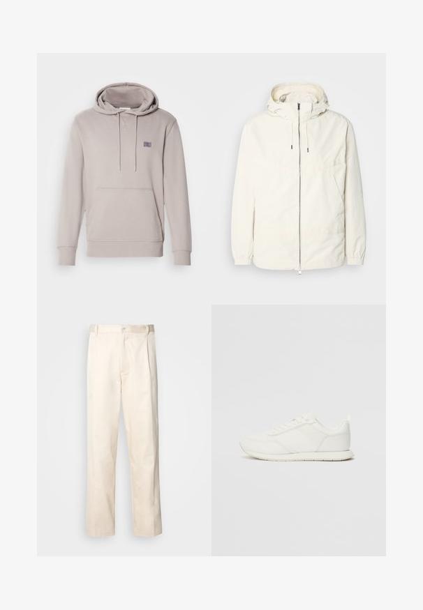 Ελαφριά, κρεμ τζάκετ με κουκούλα, φερμουάρ μπροστά, ελαστικούς μανσέτες και τσέπη καγκουρό. Λείο ύφασμα με ελάχιστες ραφές.; Ανοιχτό γκρι φούτερ με καπάκι, τσέπη μπροστά, κορδόνι στο καπάκι, ριμπ μανσέτες και στρίφωμα, με μικρή επωνυμία στο αριστερό στήθος.; Μπεζ βαμβακερό παντελόνι με ίσια γραμμή, διαθέτει κουμπί κλεισίματος και πτυχές στο μπροστινό μέρος για επιπλέον λεπτομέρεια.; Λευκό αθλητικό παπούτσι με επάνω μέρος από πλέγμα και συνθετικό υλικό, στρογγυλή μύτη, επίπεδους κορδόνια και υφή στη λωρίδα στο πλάι. Καουτσούκ σόλα με λαβή στο πίσω μέρος.