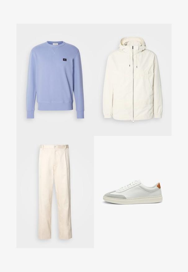 Lightweight, cream-colored jacket with a hood, zip front, elastic cuffs, and a kangaroo pocket. Smooth fabric with minimal stitching details.; Light blue sweatshirt made of soft fabric. Features a round neckline and ribbed cuffs. A small black logo patch is positioned on the chest.; Beige cotton trousers with a straight-leg cut, featuring a button closure and pleats at the front for added detail.; White leather sneakers with gray suede accents and a tan leather heel tab. Features a textured surface and lightweight sole.