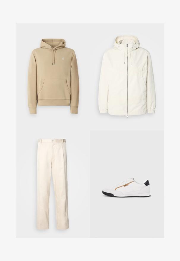 Ľahká, krémová bunda s kapucňou, zipsom vpredu, elastickými manžetami a klokannou vreckom. Hladká tkanina s minimálnymi stehovými detailmi.; Béžová mikina vyrobená z mäkkej tkaniny, s klokankou, kapucňou na šnúrku a malým vyšitým logom na hrudi. Obsahuje rebrované manžety.; Béžové bavlnené nohavice so strihom rovného nohu, s gombíkovým zapínaním a záhybmi vpredu pre pridanie detailu.; Biele športové topánky s akcentmi z korku a kože. Obsahujú zlaté logo "BOSS", textúrované bočné panely a čierny pätník. Gumová podrážka.