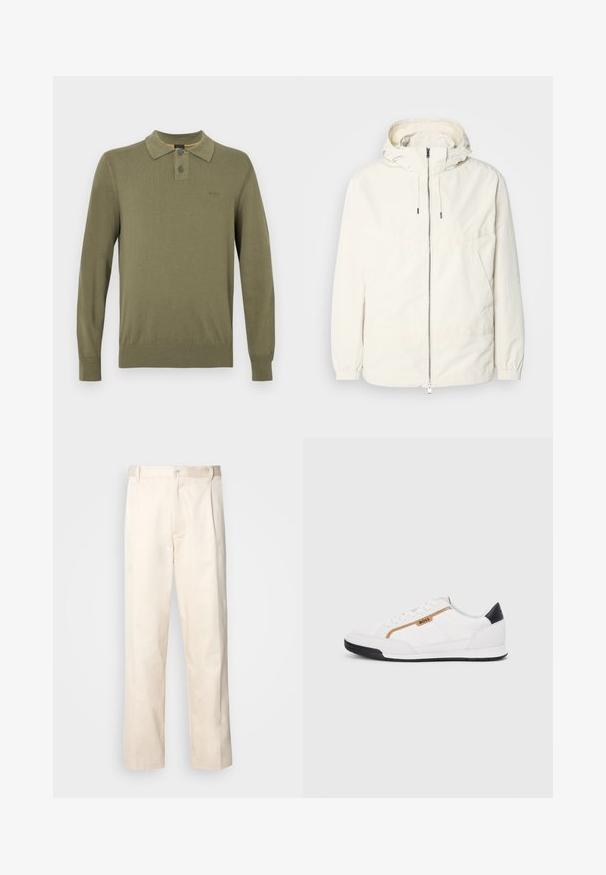 Giacca leggera di colore crema con cappuccio, chiusura frontale con zip, polsini elastici e tasca a marsupio. Tessuto liscio con dettagli di cucitura minimi.; Polo a maniche lunghe verde oliva realizzato in tessuto liscio, con colletto classico, pattina con due bottoni e polsini e orlo a costine.; Pantaloni in cotone beige con taglio dritto, dotati di chiusura a bottone e pence sul davanti per un tocco di dettaglio in più.; Scarpe sportive bianche con accenti in rete e pelle. Presentano un logo dorato "BOSS", pannelli laterali testurizzati e un copri tallone nero. Suola in gomma.