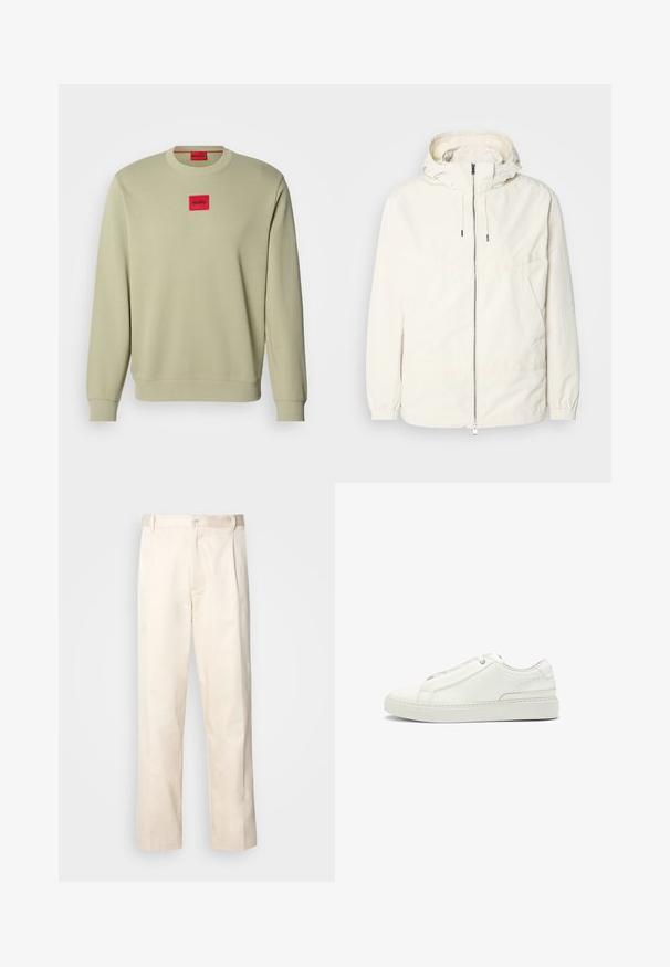 Giacca leggera di colore crema con cappuccio, chiusura frontale con zip, polsini elastici e tasca a marsupio. Tessuto liscio con dettagli di cucitura minimi.; Felpa verde chiaro con collo a girocollo, polsini a coste e un piccolo logo ricamato rosso a forma rettangolare sul petto. Tessuto morbido.; Pantaloni in cotone beige con taglio dritto, dotati di chiusura a bottone e pence sul davanti per un tocco di dettaglio in più.; Sneaker bianca in pelle con tomaia testurizzata, punta tonda, design minimalista e suola in gomma con dettagli cuciti.