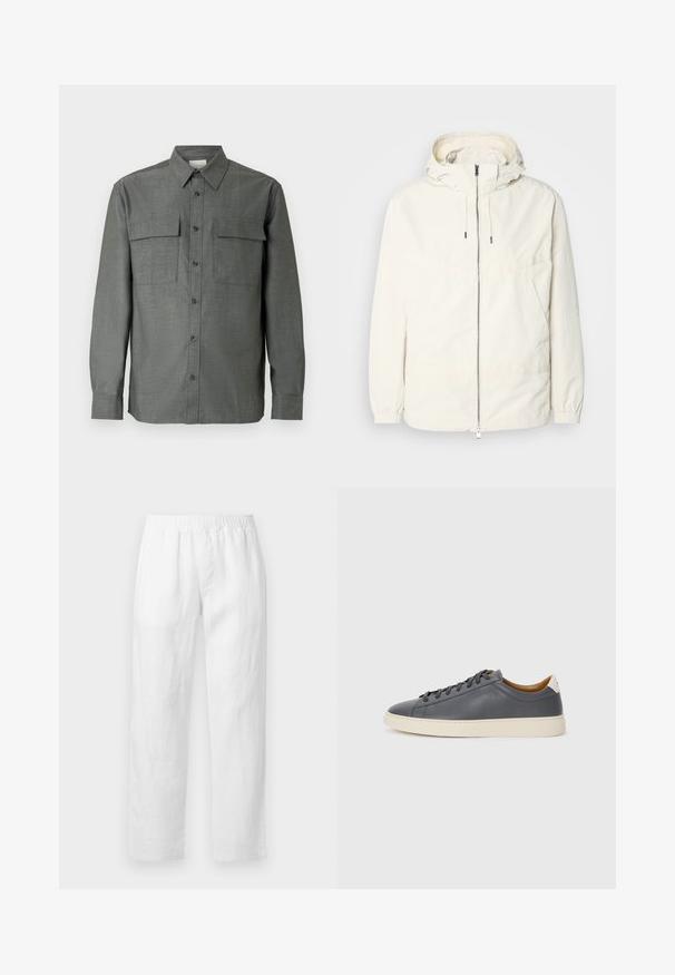 Lightweight, cream-colored jacket with a hood, zip front, elastic cuffs, and a kangaroo pocket. Smooth fabric with minimal stitching details.; Gray button-up shirt features a structured collar, two chest pockets, and long sleeves with buttoned cuffs; textured fabric finish.; White linen pants featuring an elastic waistband, straight-leg fit, and soft texture with no visible patterns or hardware details.; Gray leather sneaker with round toe, rubber sole, flat laces, and light-colored accents on the heel. Smooth texture and minimalist design.